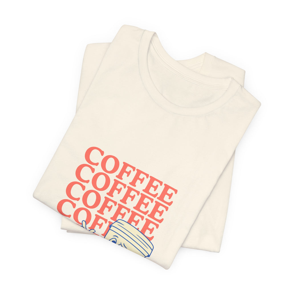 Coffee Retro Tee — Repeating "COFFEE" Text with Cute Cartoon Coffee Cup