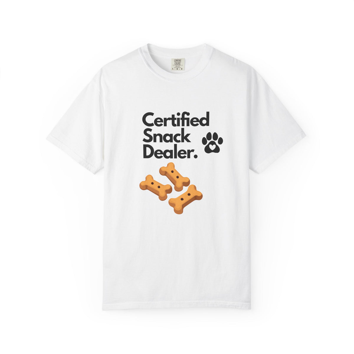Certified Snack Dealer T-Shirt — Funny Dog Treat Tee with Paw Print