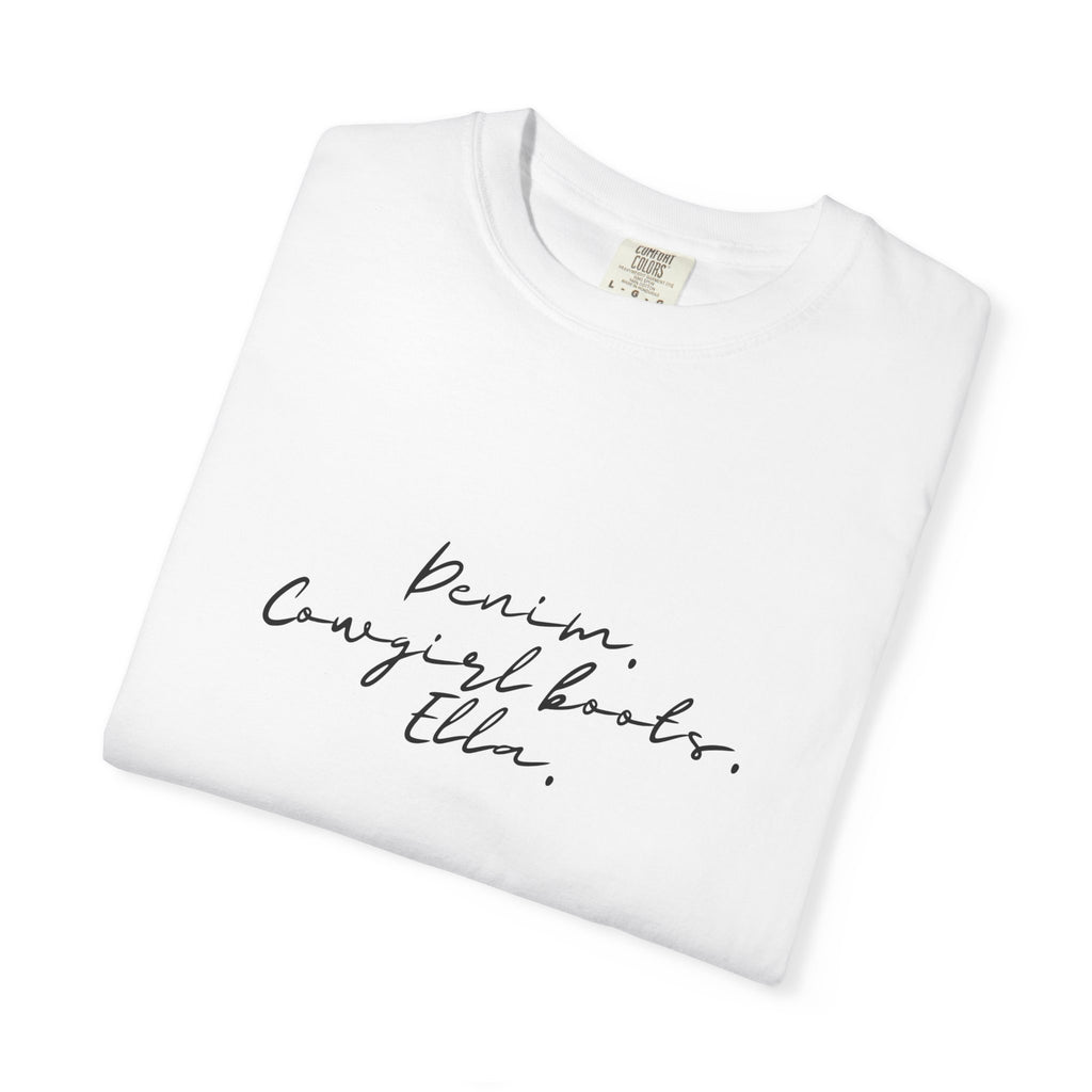 T-Shirt — Minimal Script 'Denim. Cowgirl books.Ella.' Graphic Tee