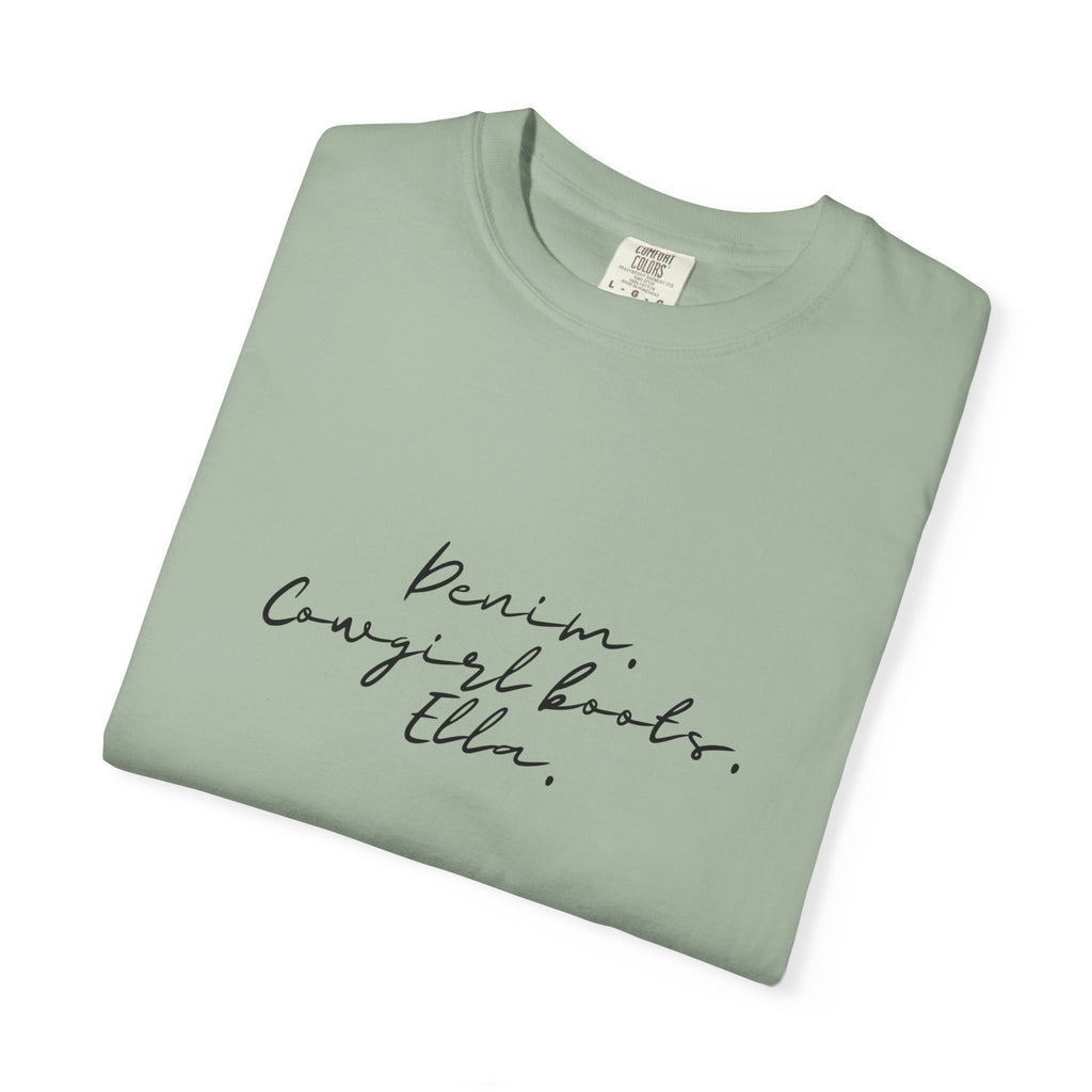 T-Shirt — Minimal Script 'Denim. Cowgirl books.Ella.' Graphic Tee