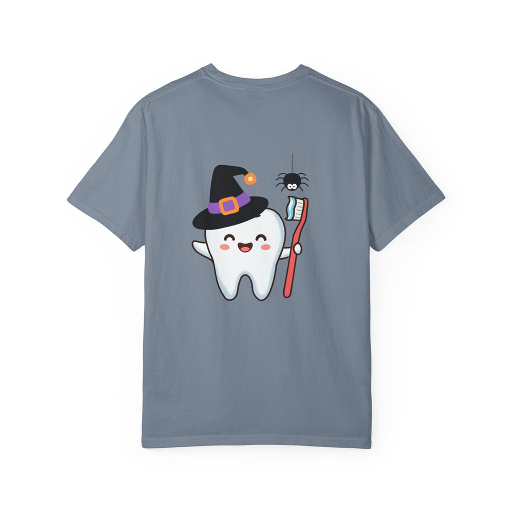 Tooth Fairy Halloween T-Shirt — Cute Witch Tooth with Toothbrush & Spider