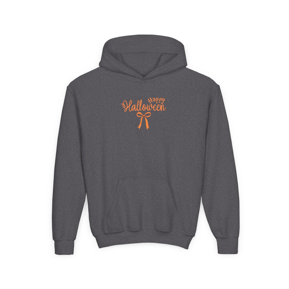 Youth Hoodie – 'Happy Halloween' Cute Orange Bow Kids' Halloween Sweatshirt