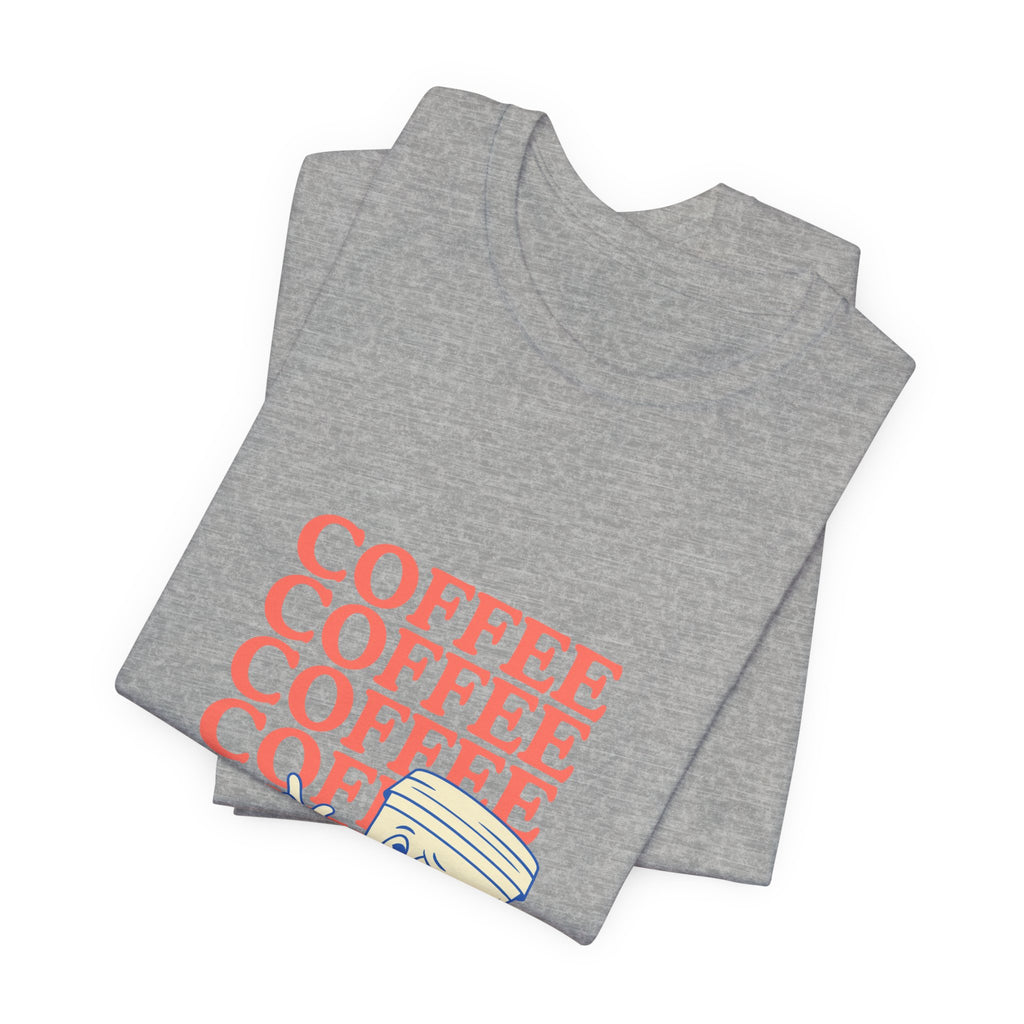 Coffee Retro Tee — Repeating "COFFEE" Text with Cute Cartoon Coffee Cup