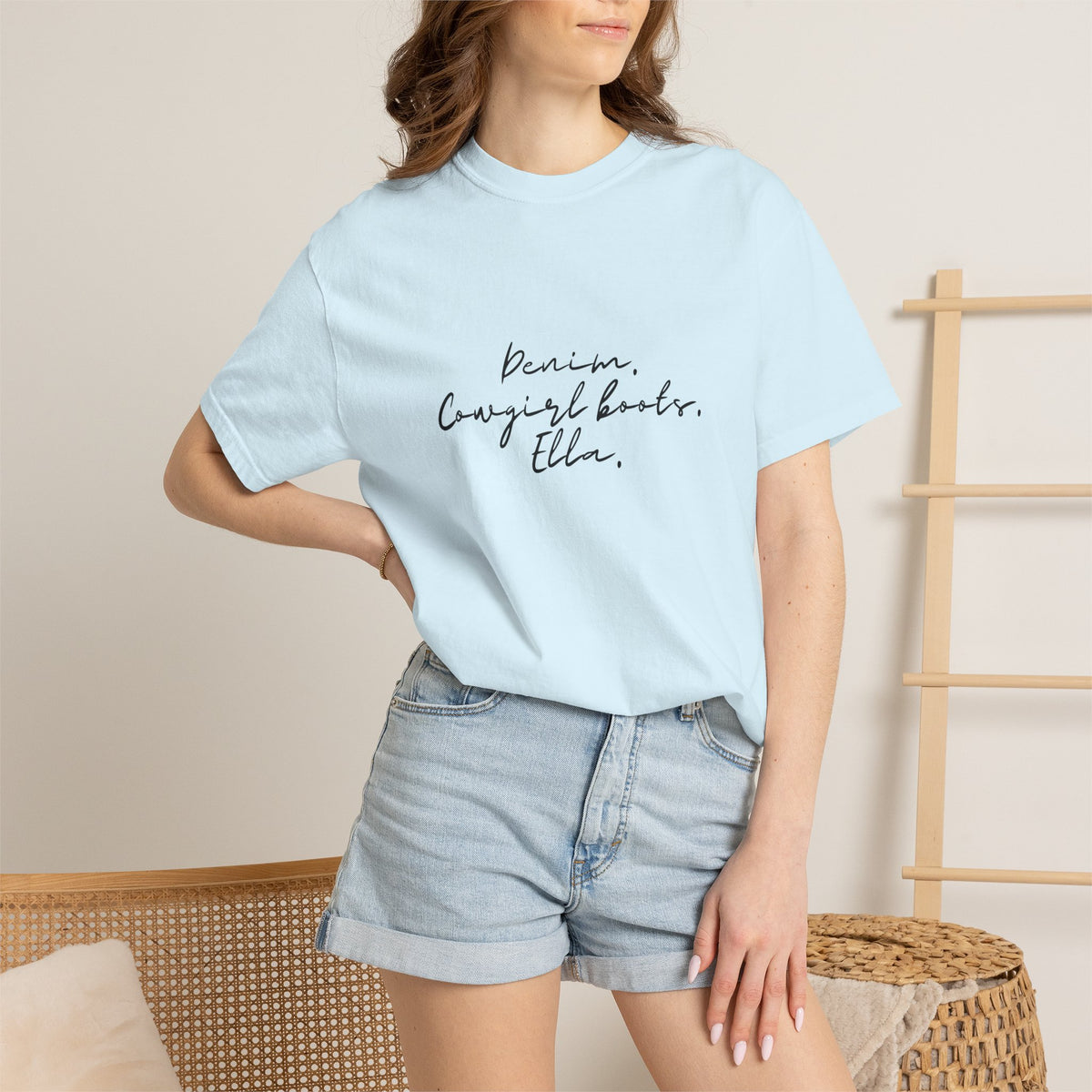 T-Shirt — Minimal Script 'Denim. Cowgirl books.Ella.' Graphic Tee