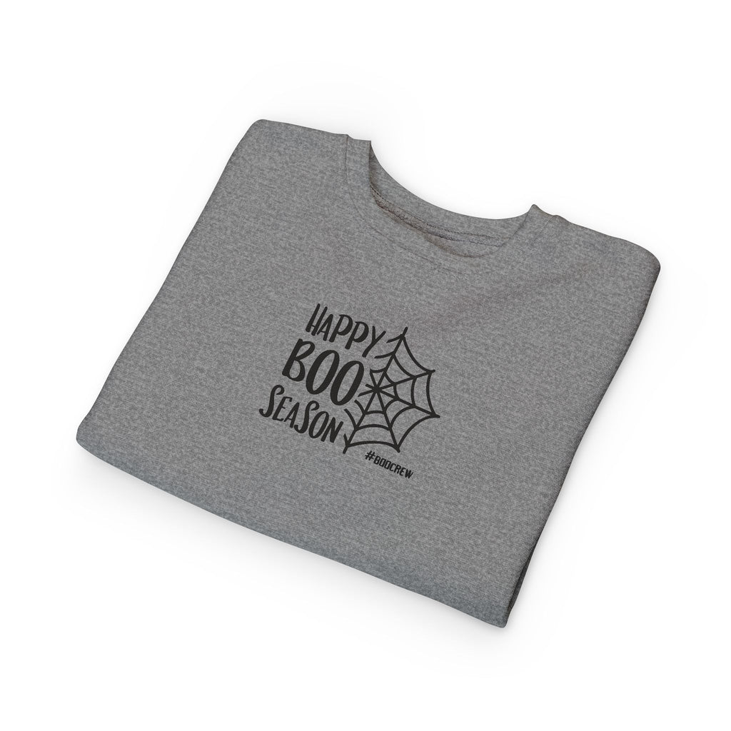 Toddler Sweatshirt - "Happy Boo Season" Halloween Spiderweb Kids Pullover
