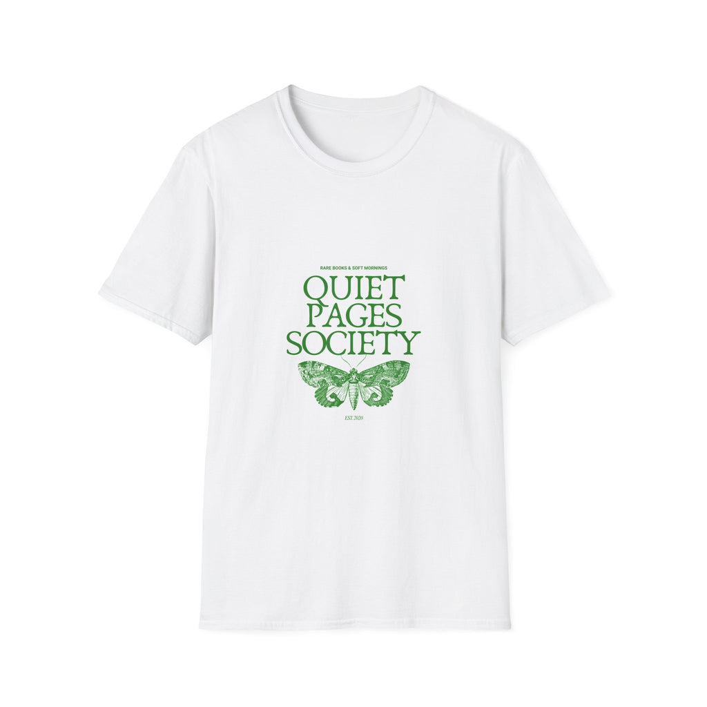 Quiet Pages Society T-Shirt — Literary Club Tee with Green Butterfly