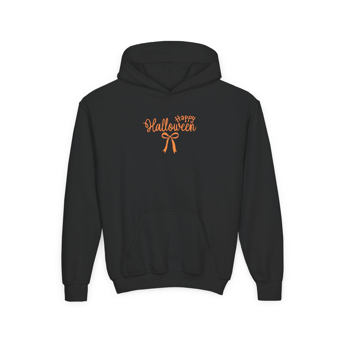 Youth Hoodie – 'Happy Halloween' Cute Orange Bow Kids' Halloween Sweatshirt