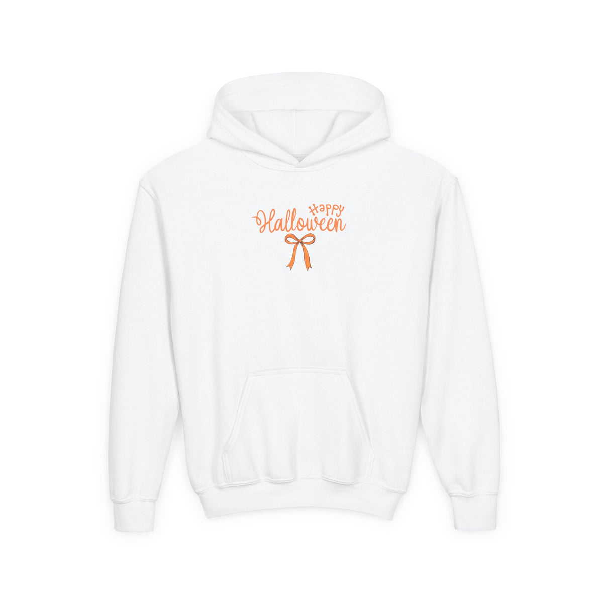 Youth Hoodie – 'Happy Halloween' Cute Orange Bow Kids' Halloween Sweatshirt