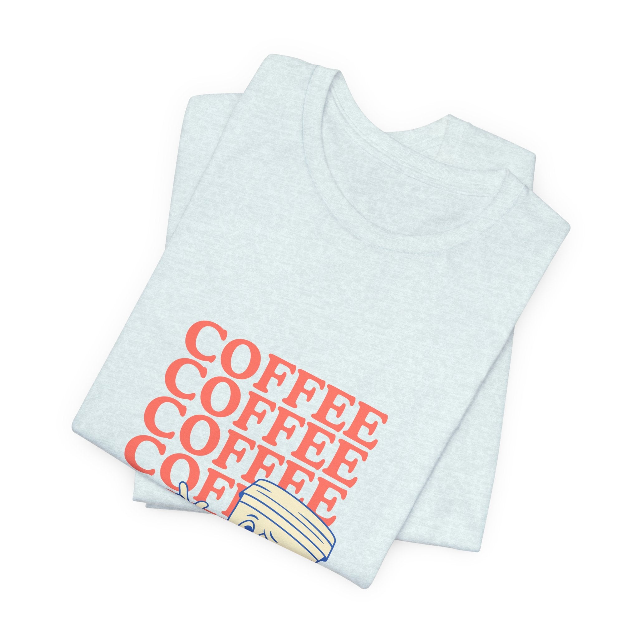 Coffee Retro Tee — Repeating "COFFEE" Text with Cute Cartoon Coffee Cup