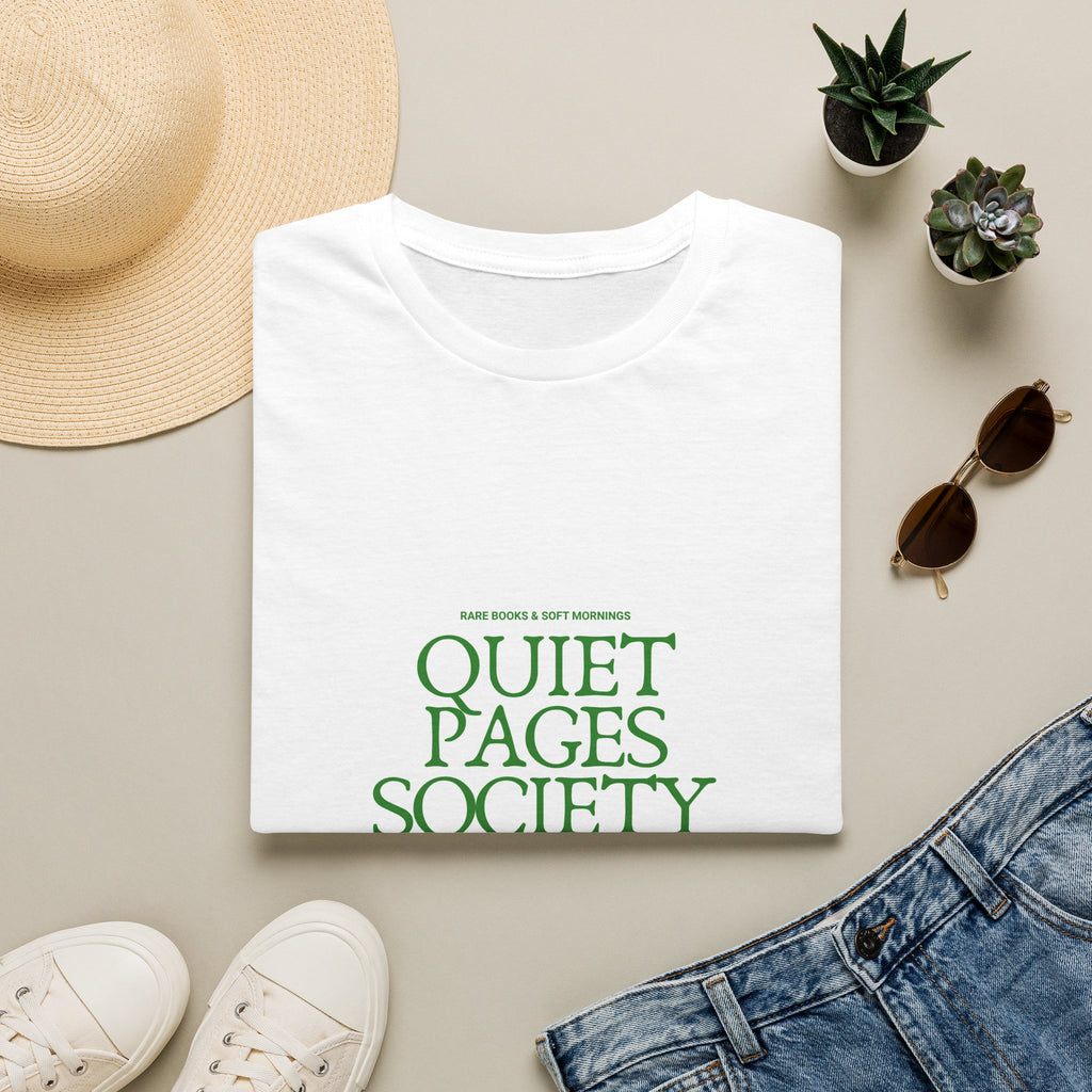 Quiet Pages Society T-Shirt — Literary Club Tee with Green Butterfly