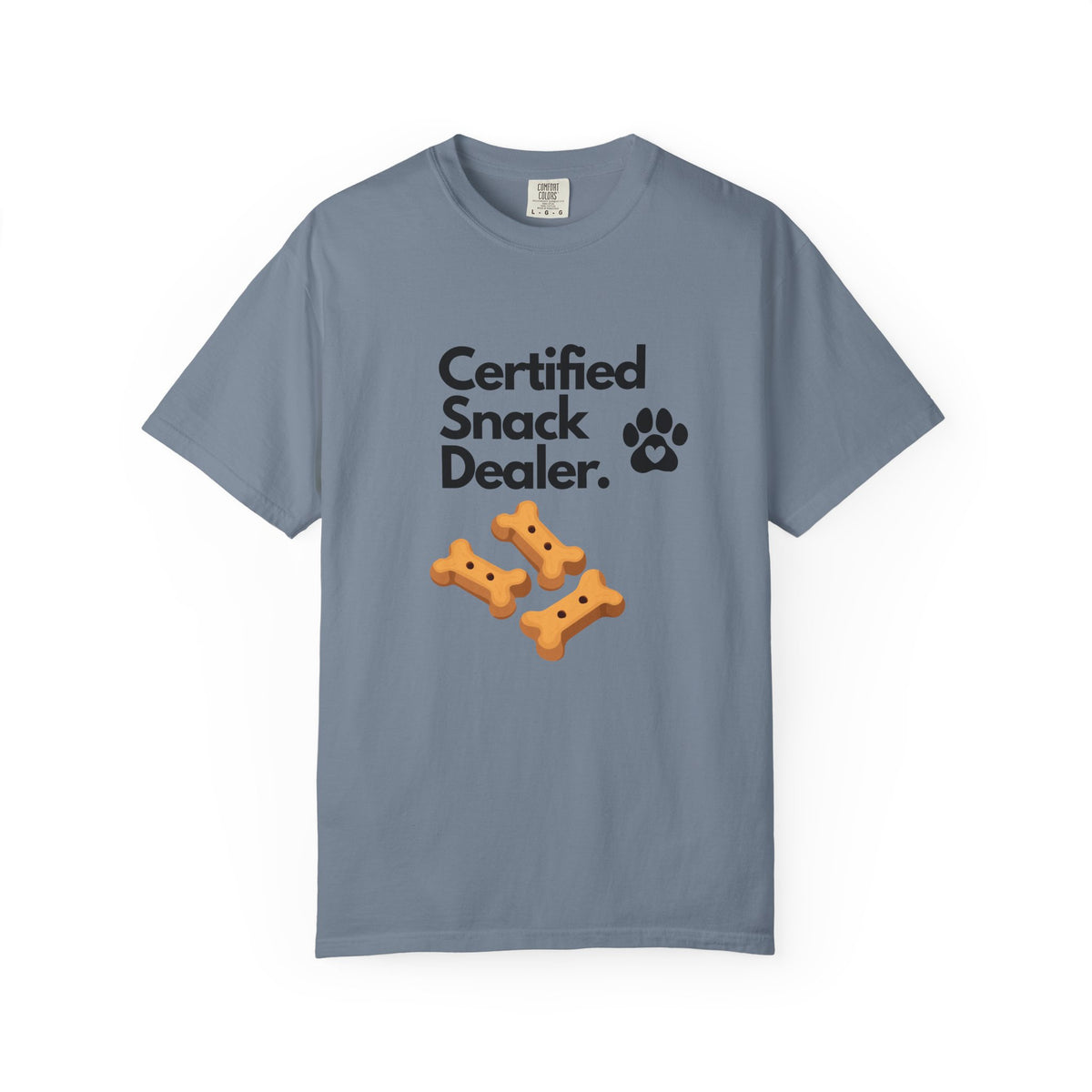 Certified Snack Dealer T-Shirt — Funny Dog Treat Tee with Paw Print