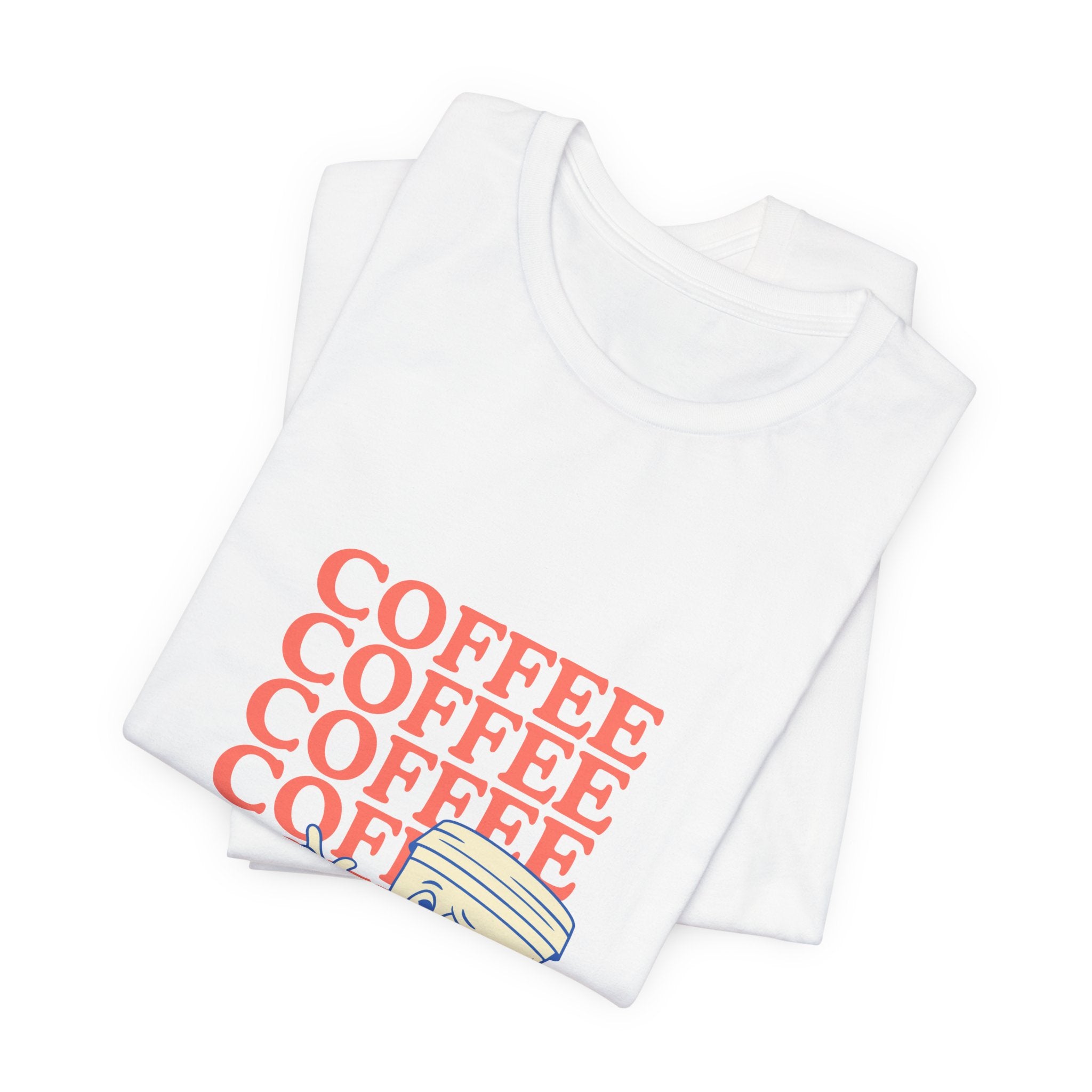 Coffee Retro Tee — Repeating "COFFEE" Text with Cute Cartoon Coffee Cup