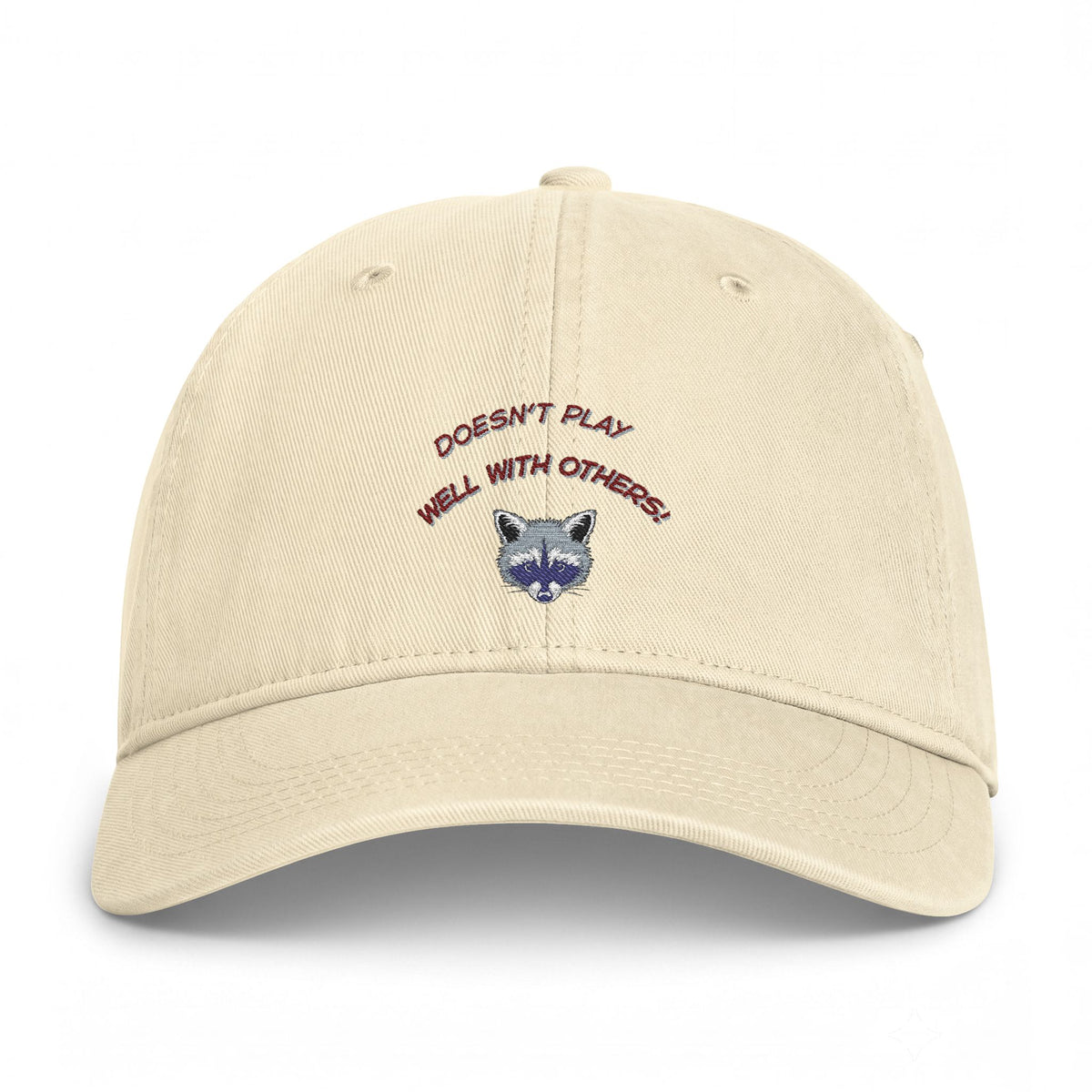 Doesn't Play Well With Others Cap — Embroidered Raccoon Dad Hat (Coastal Washed)