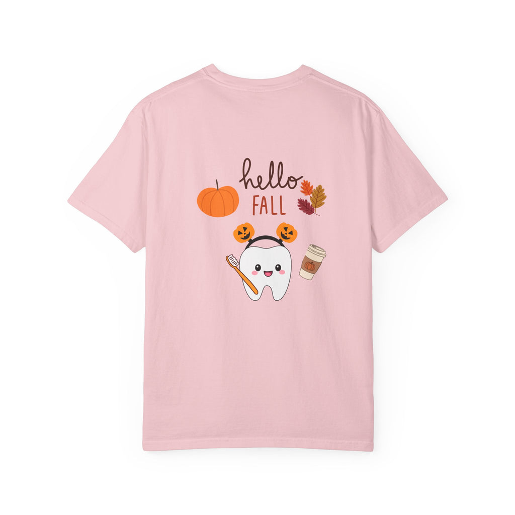 Hello Fall Tooth T-Shirt — Cute Dental Pumpkin & Coffee Autumn Tee