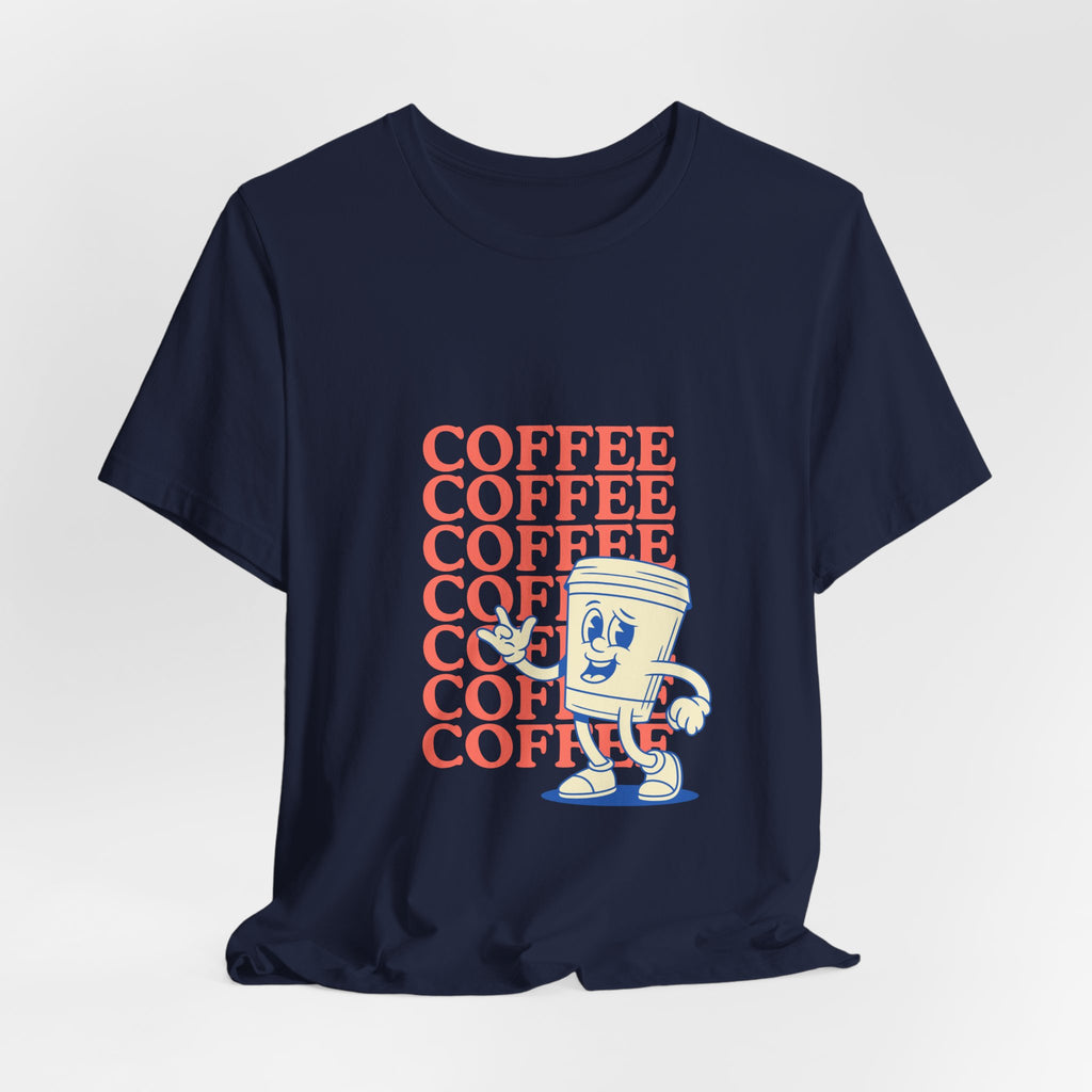 Coffee Retro Tee — Repeating "COFFEE" Text with Cute Cartoon Coffee Cup