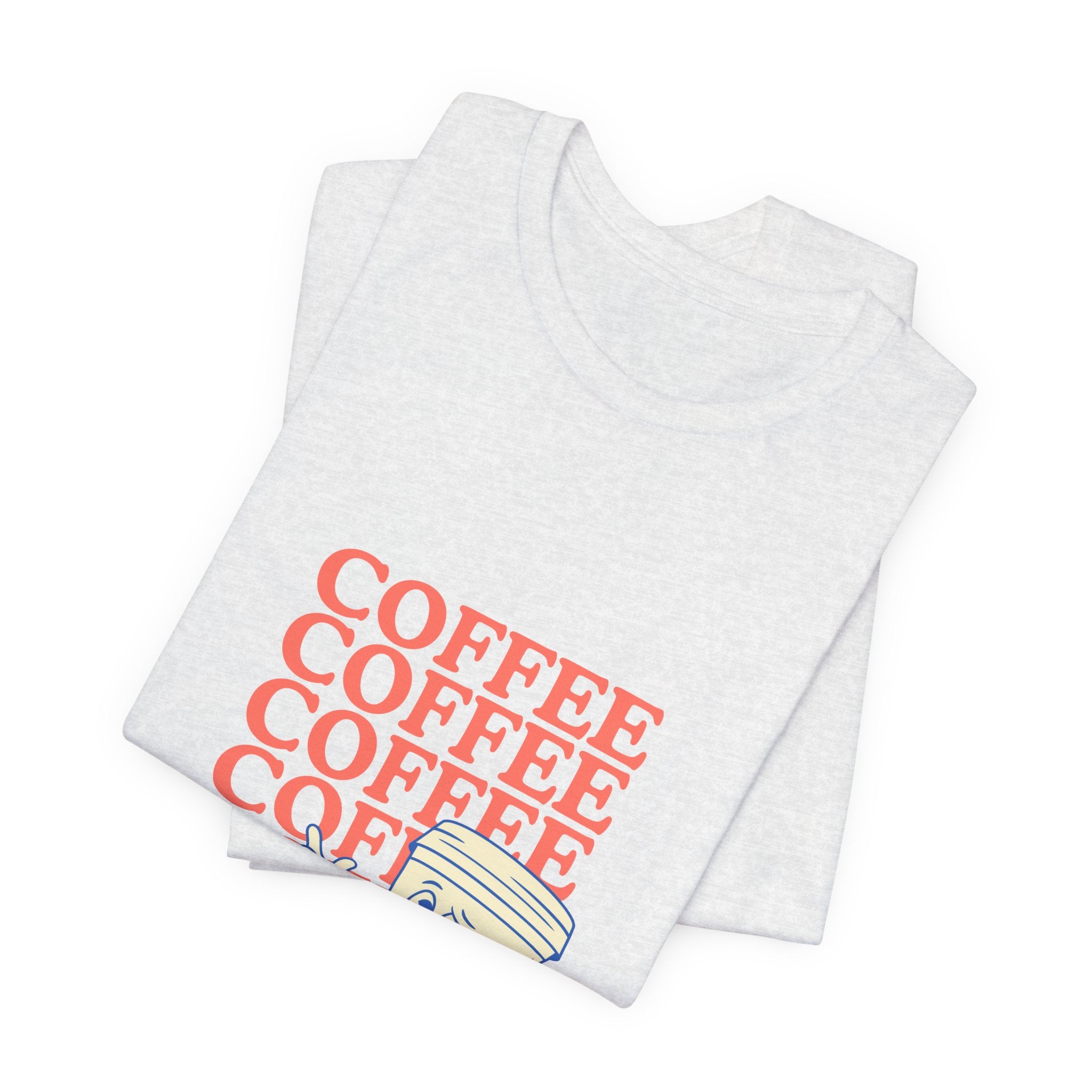 Coffee Retro Tee — Repeating "COFFEE" Text with Cute Cartoon Coffee Cup