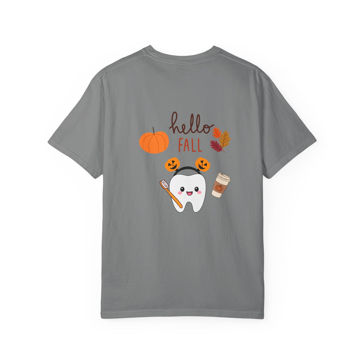 Hello Fall Tooth T-Shirt — Cute Dental Pumpkin & Coffee Autumn Tee