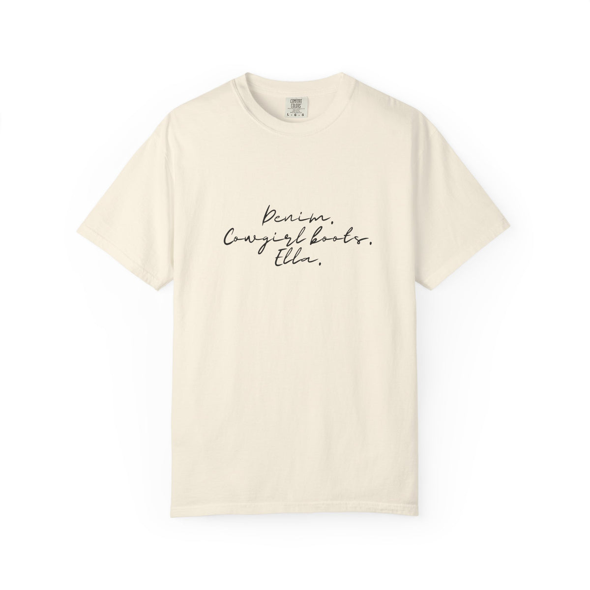 T-Shirt — Minimal Script 'Denim. Cowgirl books.Ella.' Graphic Tee