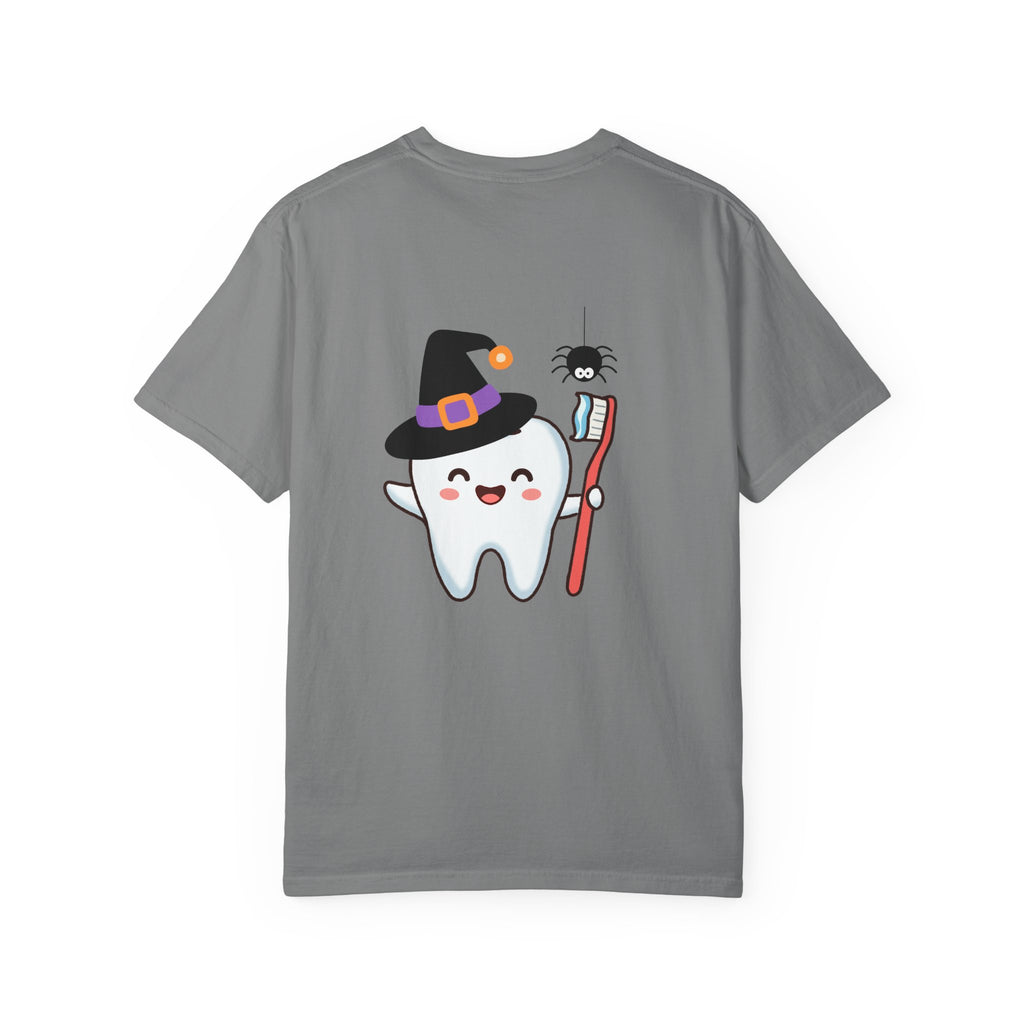 Tooth Fairy Halloween T-Shirt — Cute Witch Tooth with Toothbrush & Spider