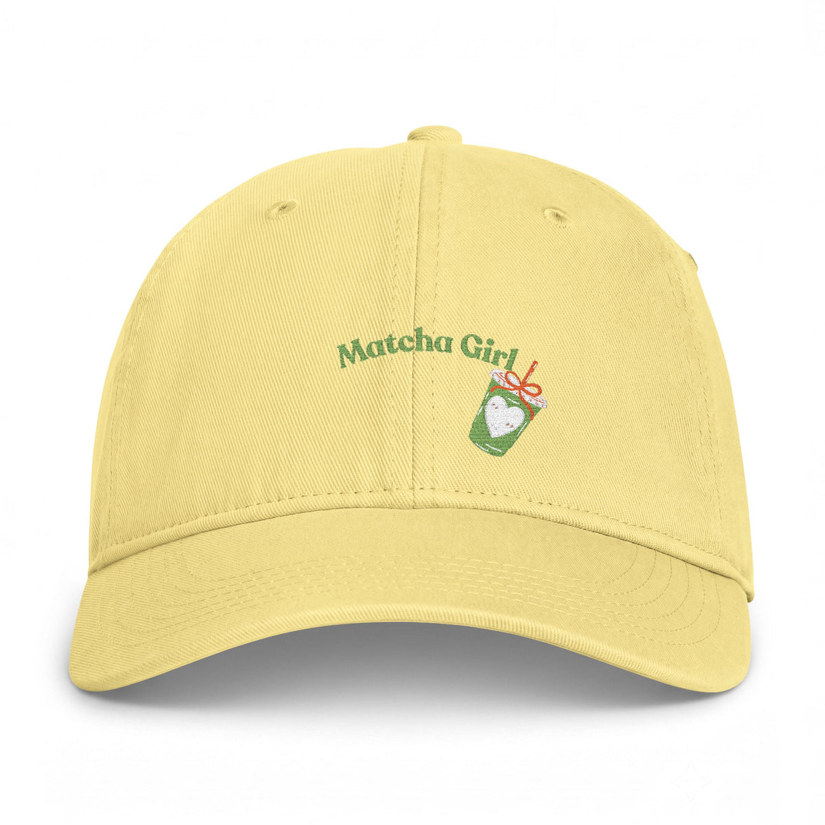 Matcha Girl Cap — Embroidered Coastal Washed Hat with Iced Matcha Design