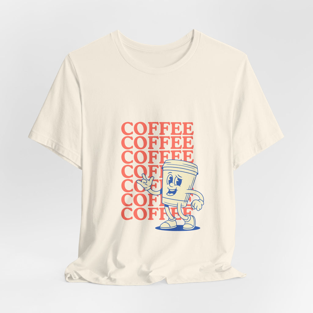 Coffee Retro Tee — Repeating "COFFEE" Text with Cute Cartoon Coffee Cup
