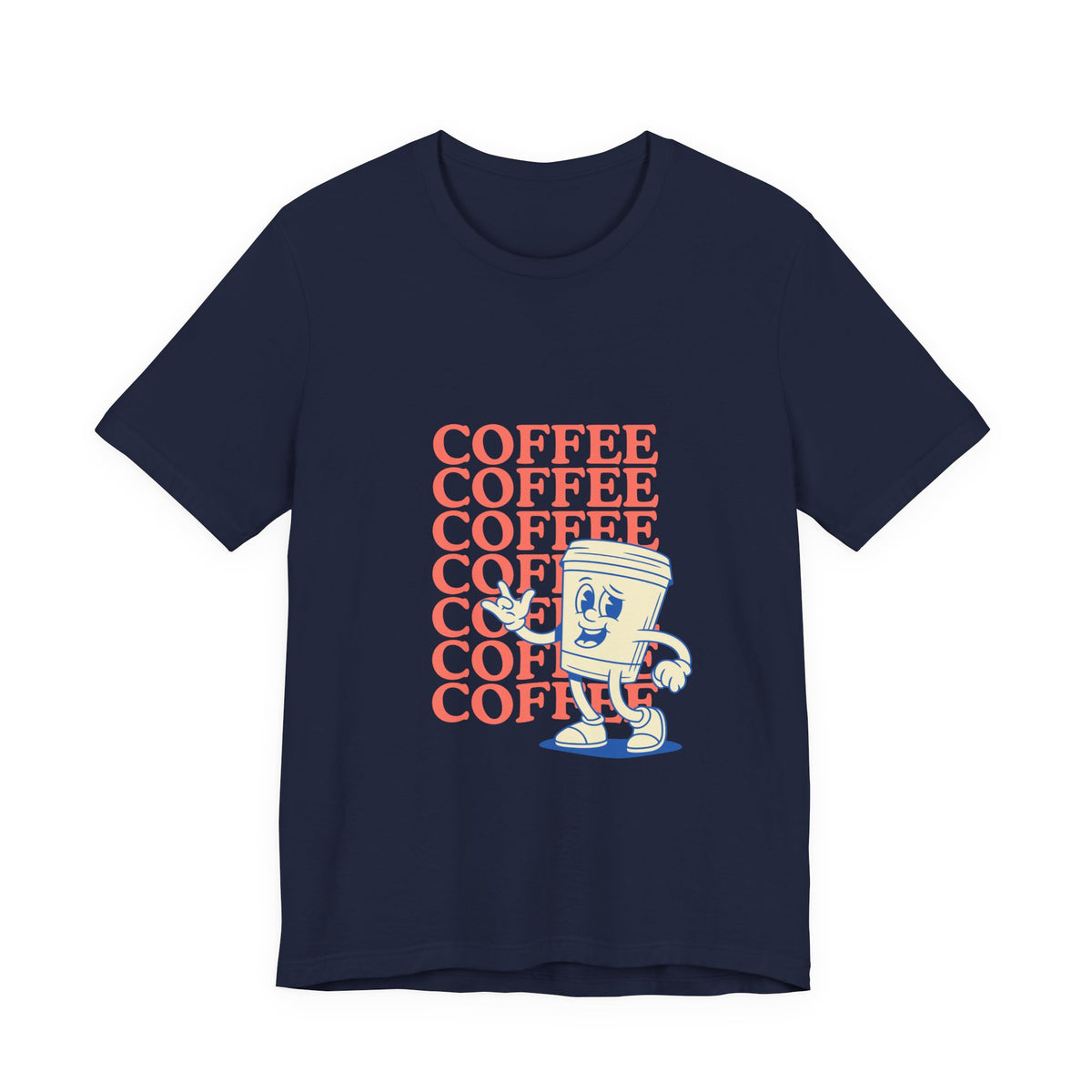Coffee Retro Tee — Repeating "COFFEE" Text with Cute Cartoon Coffee Cup