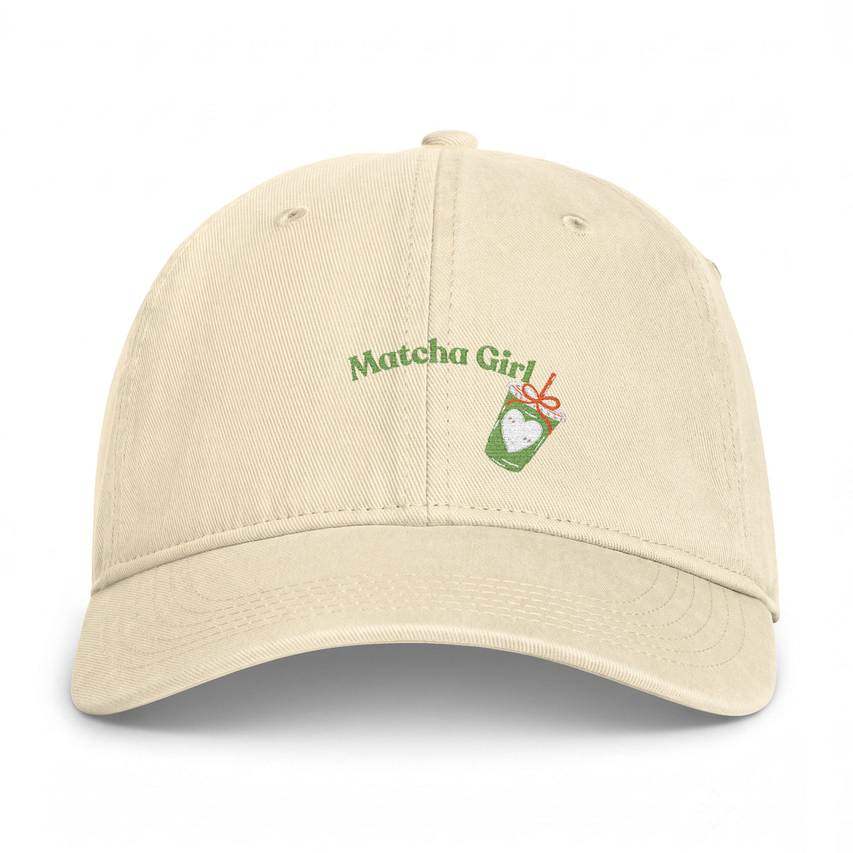 Matcha Girl Cap — Embroidered Coastal Washed Hat with Iced Matcha Design