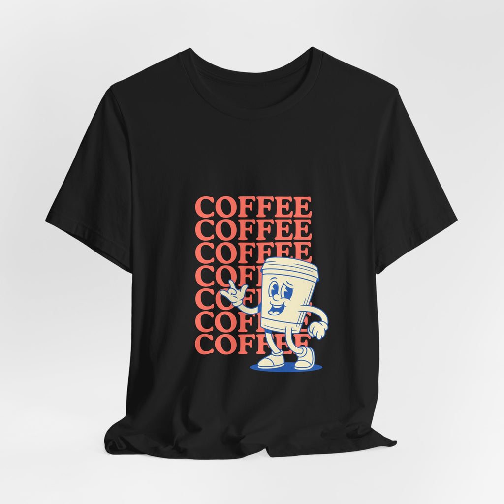 Coffee Retro Tee — Repeating "COFFEE" Text with Cute Cartoon Coffee Cup