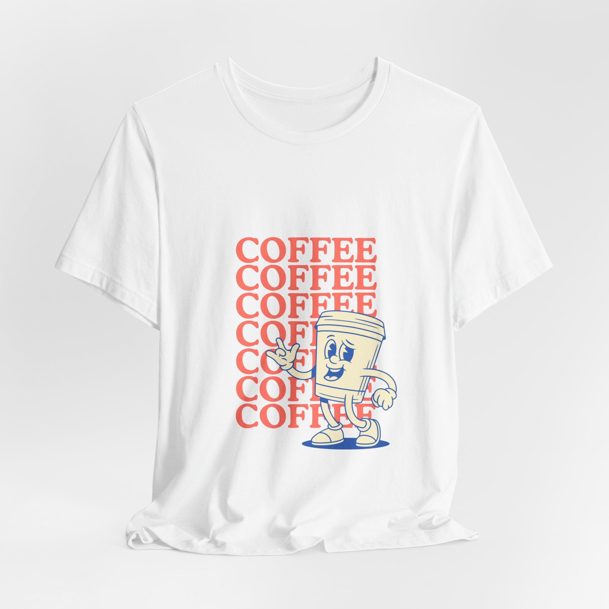Coffee Retro Tee — Repeating "COFFEE" Text with Cute Cartoon Coffee Cup