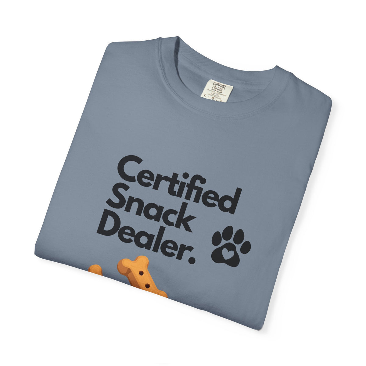 Certified Snack Dealer T-Shirt — Funny Dog Treat Tee with Paw Print