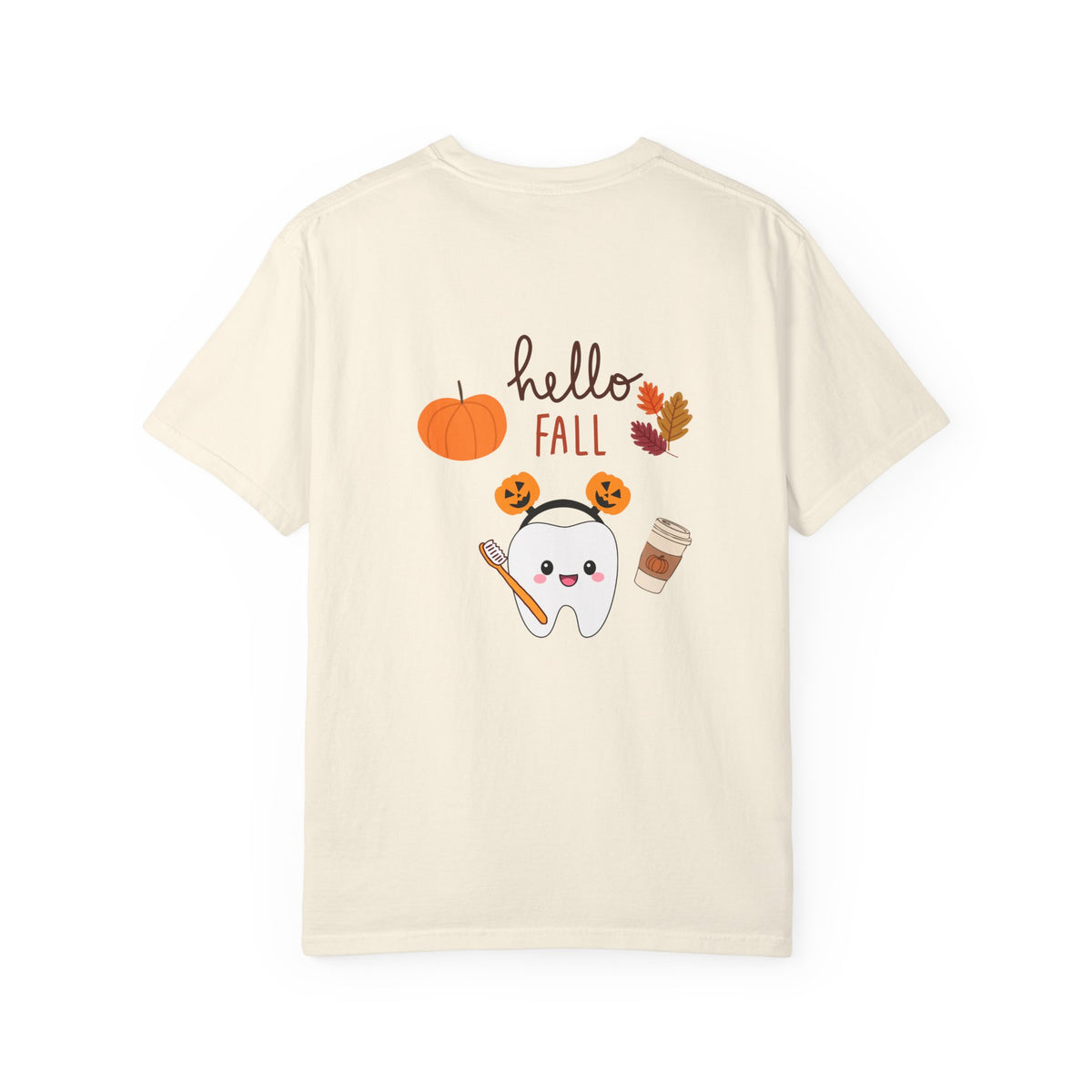 Hello Fall Tooth T-Shirt — Cute Dental Pumpkin & Coffee Autumn Tee