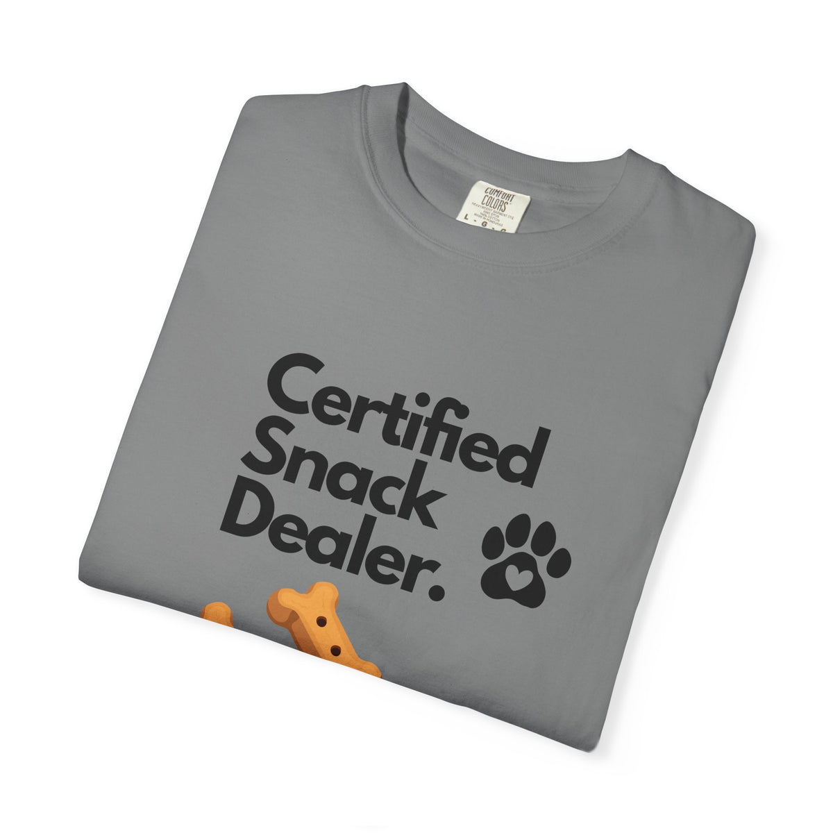 Certified Snack Dealer T-Shirt — Funny Dog Treat Tee with Paw Print