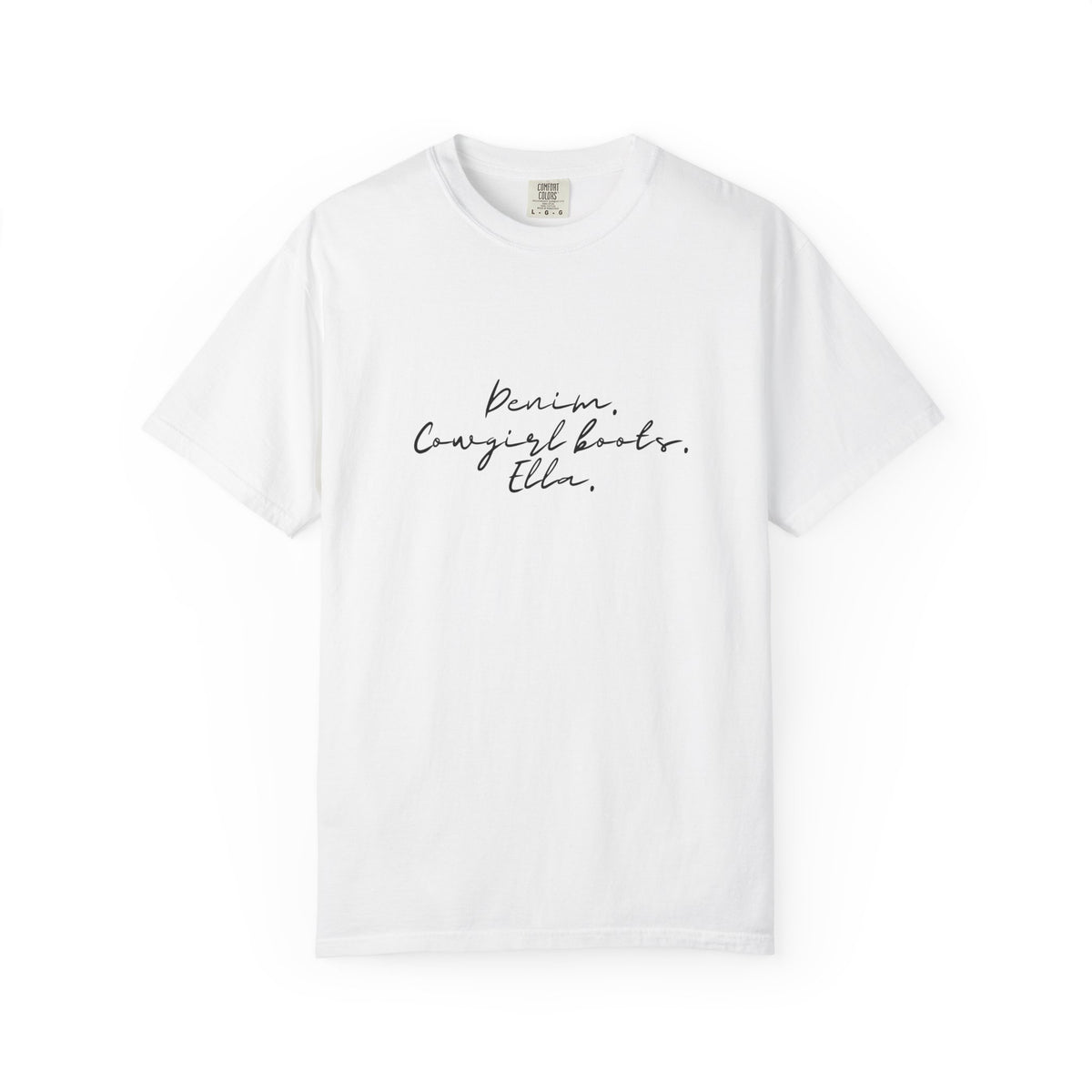 T-Shirt — Minimal Script 'Denim. Cowgirl books.Ella.' Graphic Tee