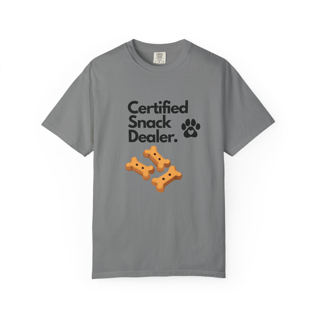 Certified Snack Dealer T-Shirt — Funny Dog Treat Tee with Paw Print