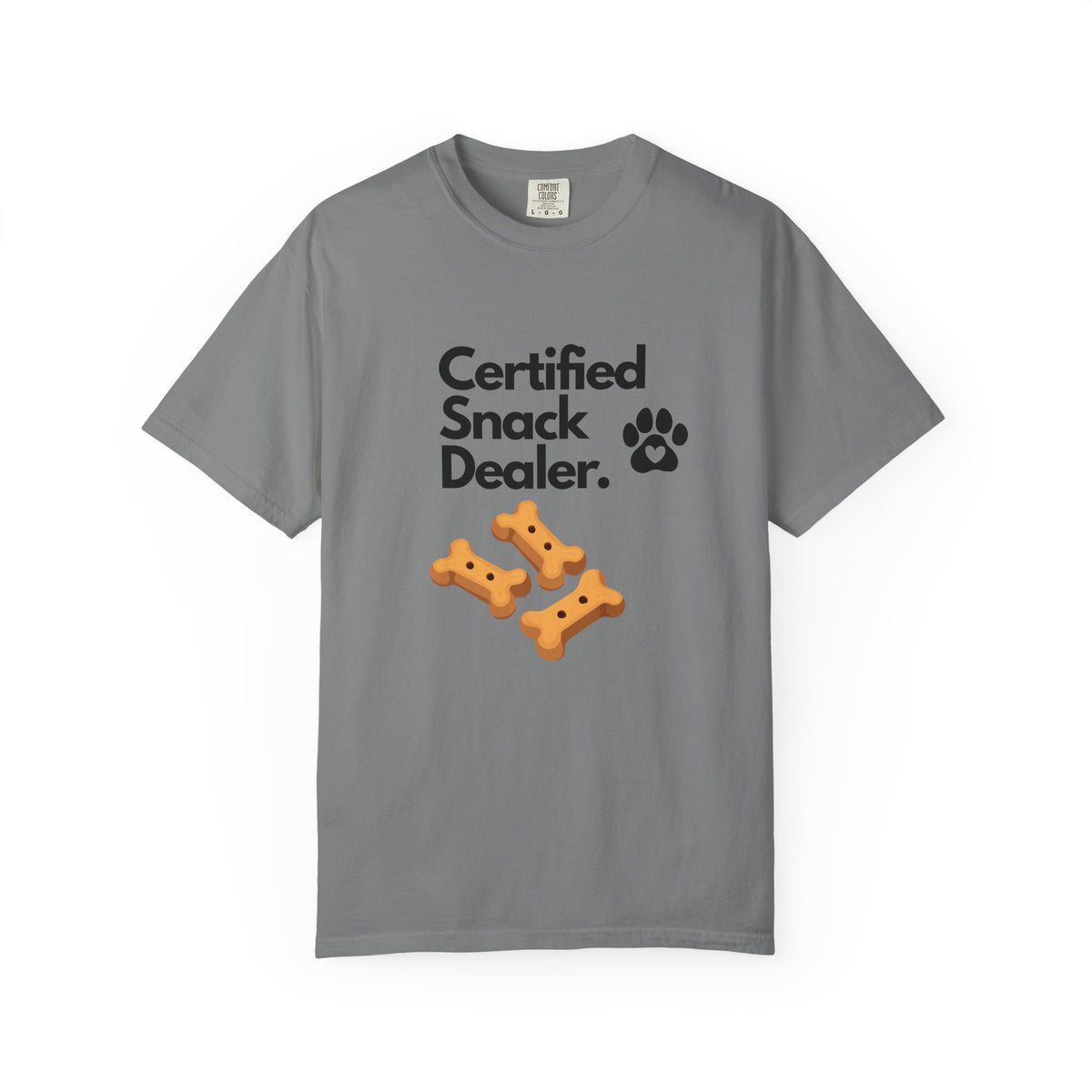Certified Snack Dealer T-Shirt — Funny Dog Treat Tee with Paw Print