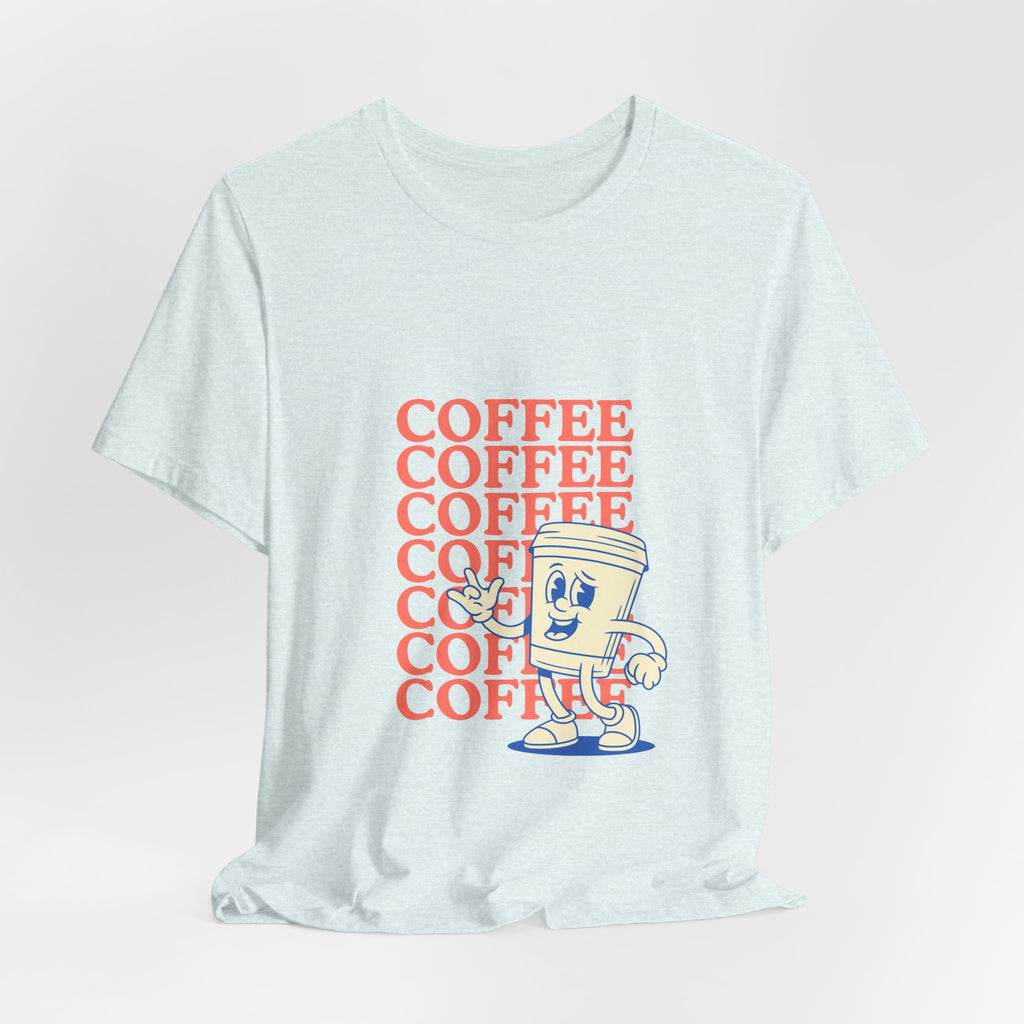 Coffee Retro Tee — Repeating "COFFEE" Text with Cute Cartoon Coffee Cup