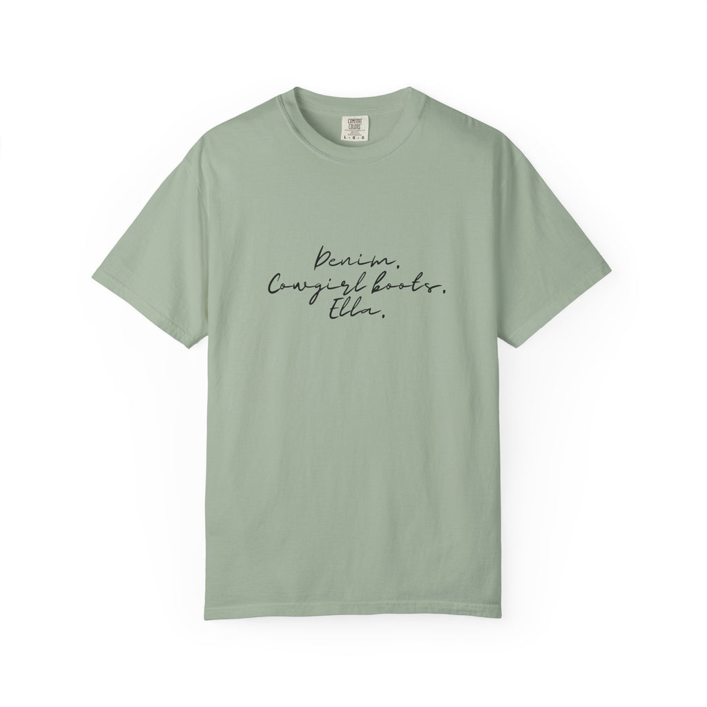 T-Shirt — Minimal Script 'Denim. Cowgirl books.Ella.' Graphic Tee
