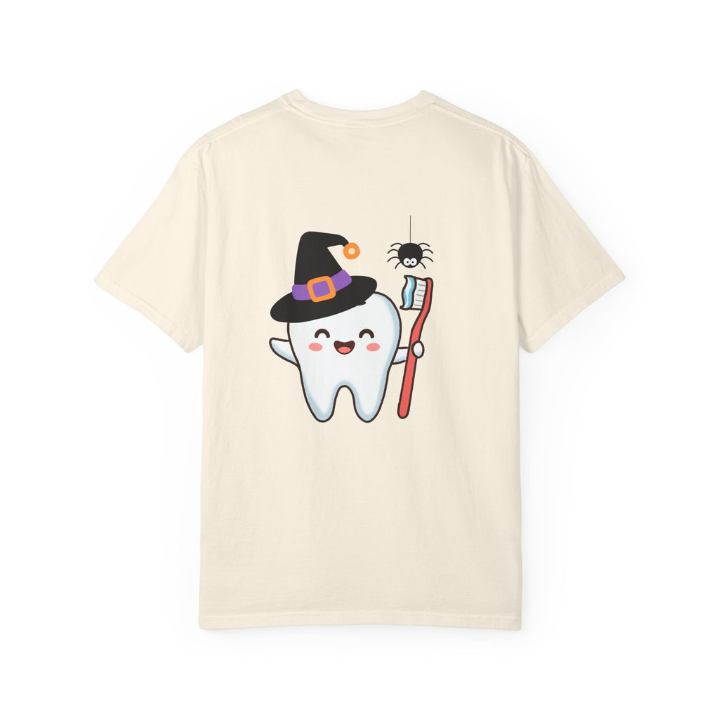 Tooth Fairy Halloween T-Shirt — Cute Witch Tooth with Toothbrush & Spider