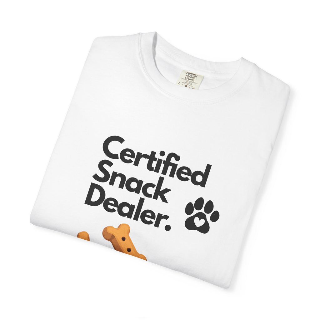 Certified Snack Dealer T-Shirt — Funny Dog Treat Tee with Paw Print