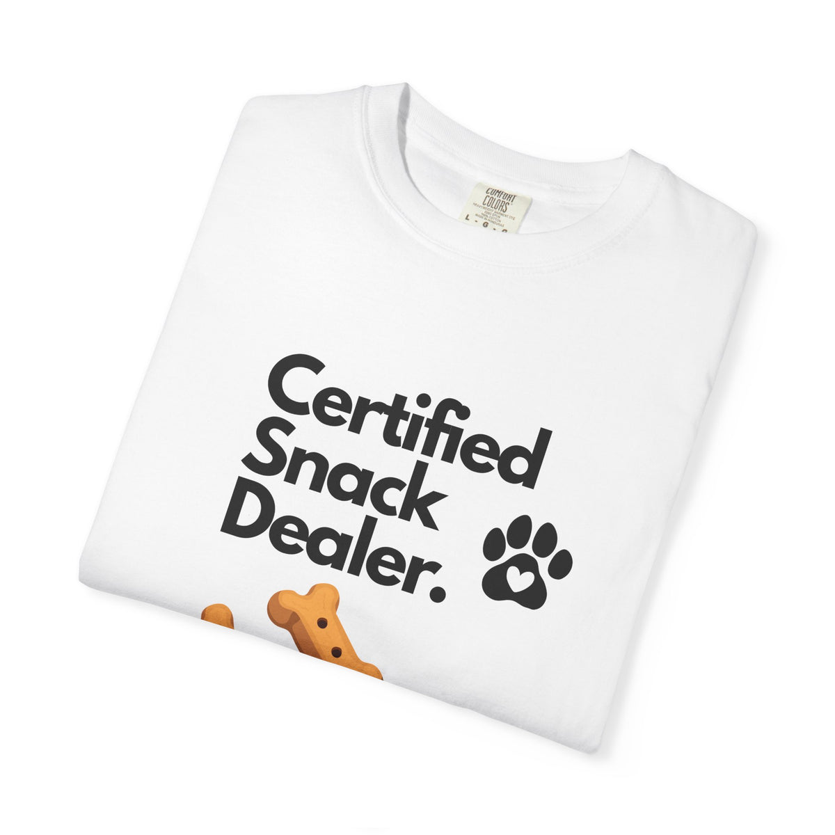 Certified Snack Dealer T-Shirt — Funny Dog Treat Tee with Paw Print