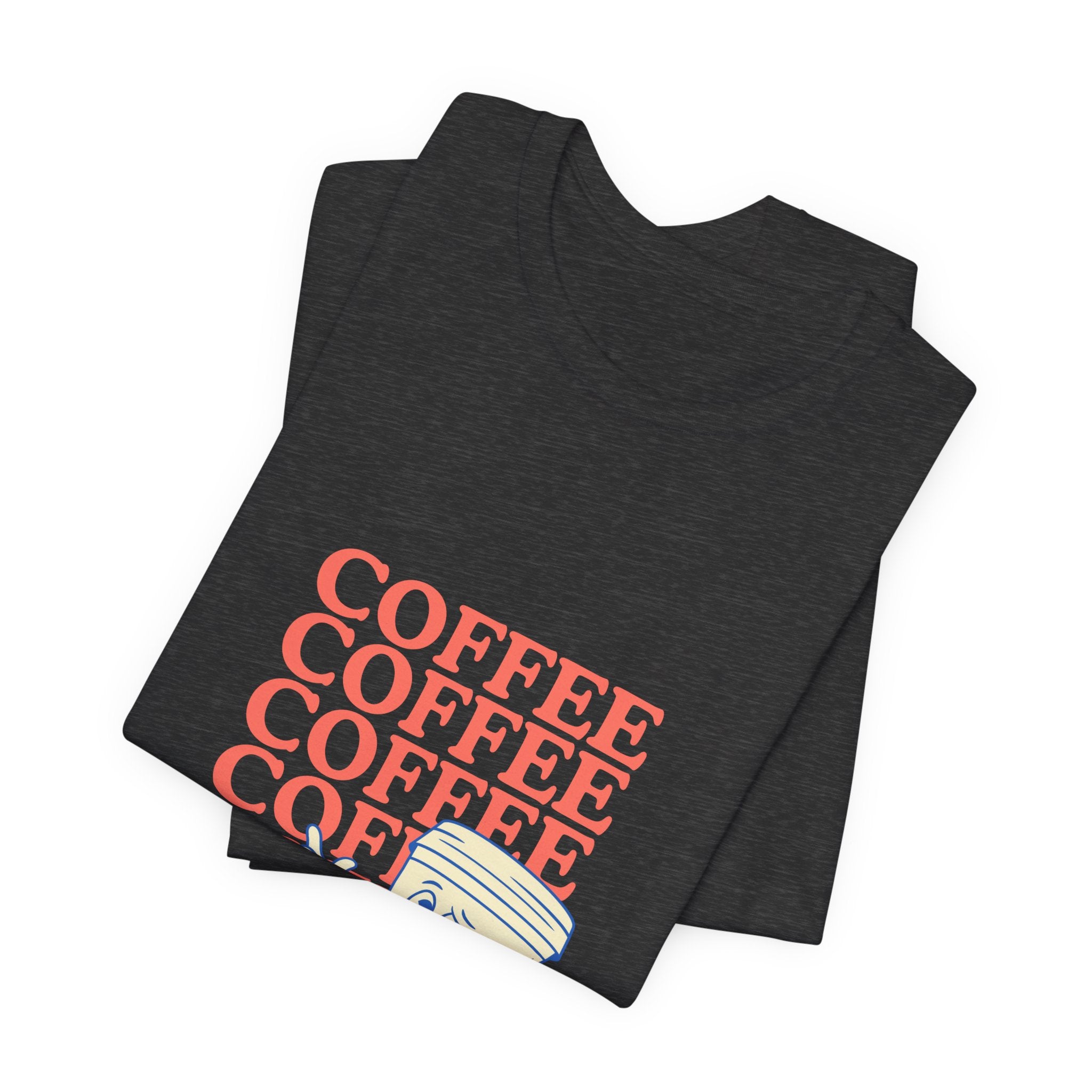 Coffee Retro Tee — Repeating "COFFEE" Text with Cute Cartoon Coffee Cup