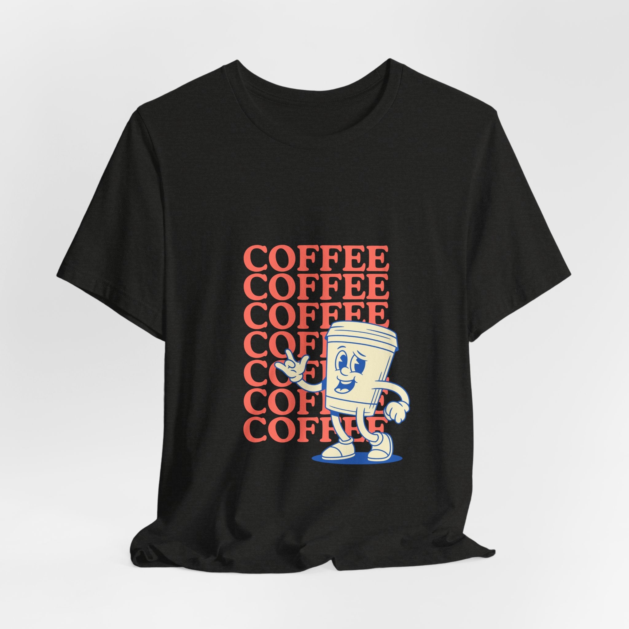 Coffee Retro Tee — Repeating "COFFEE" Text with Cute Cartoon Coffee Cup