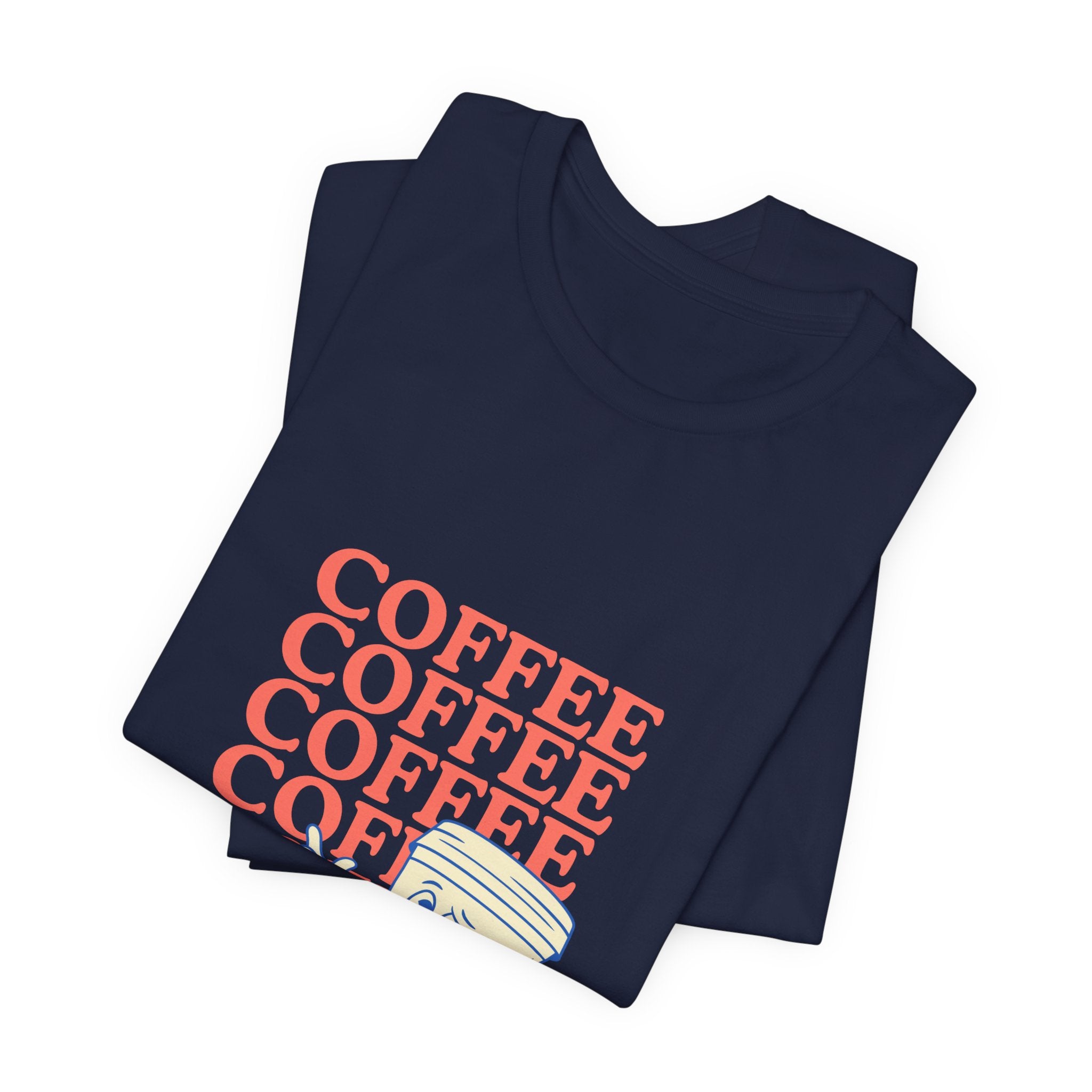 Coffee Retro Tee — Repeating "COFFEE" Text with Cute Cartoon Coffee Cup