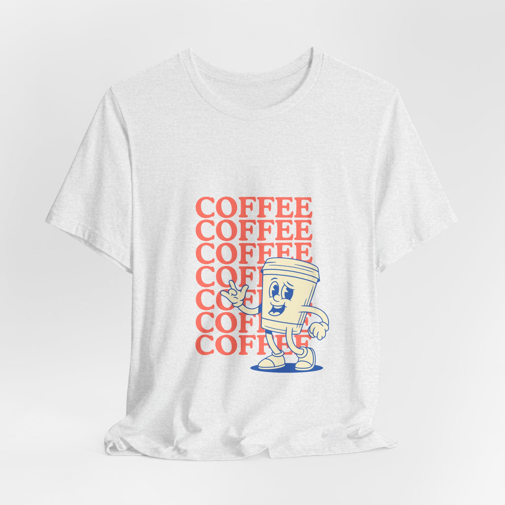 Coffee Retro Tee — Repeating "COFFEE" Text with Cute Cartoon Coffee Cup