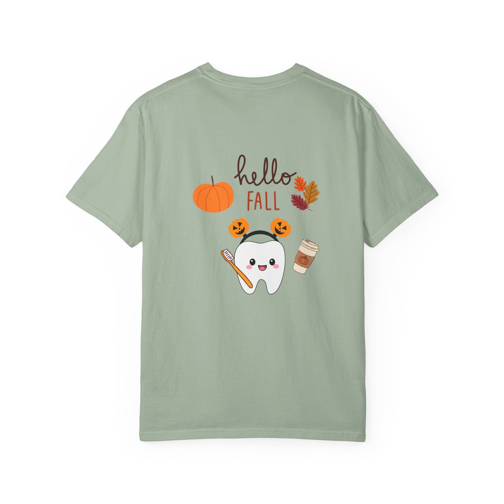 Hello Fall Tooth T-Shirt — Cute Dental Pumpkin & Coffee Autumn Tee