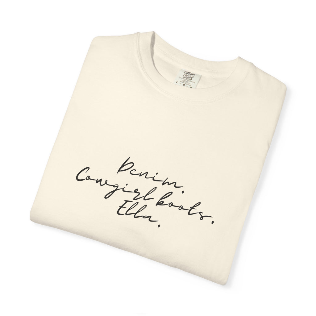 T-Shirt — Minimal Script 'Denim. Cowgirl books.Ella.' Graphic Tee